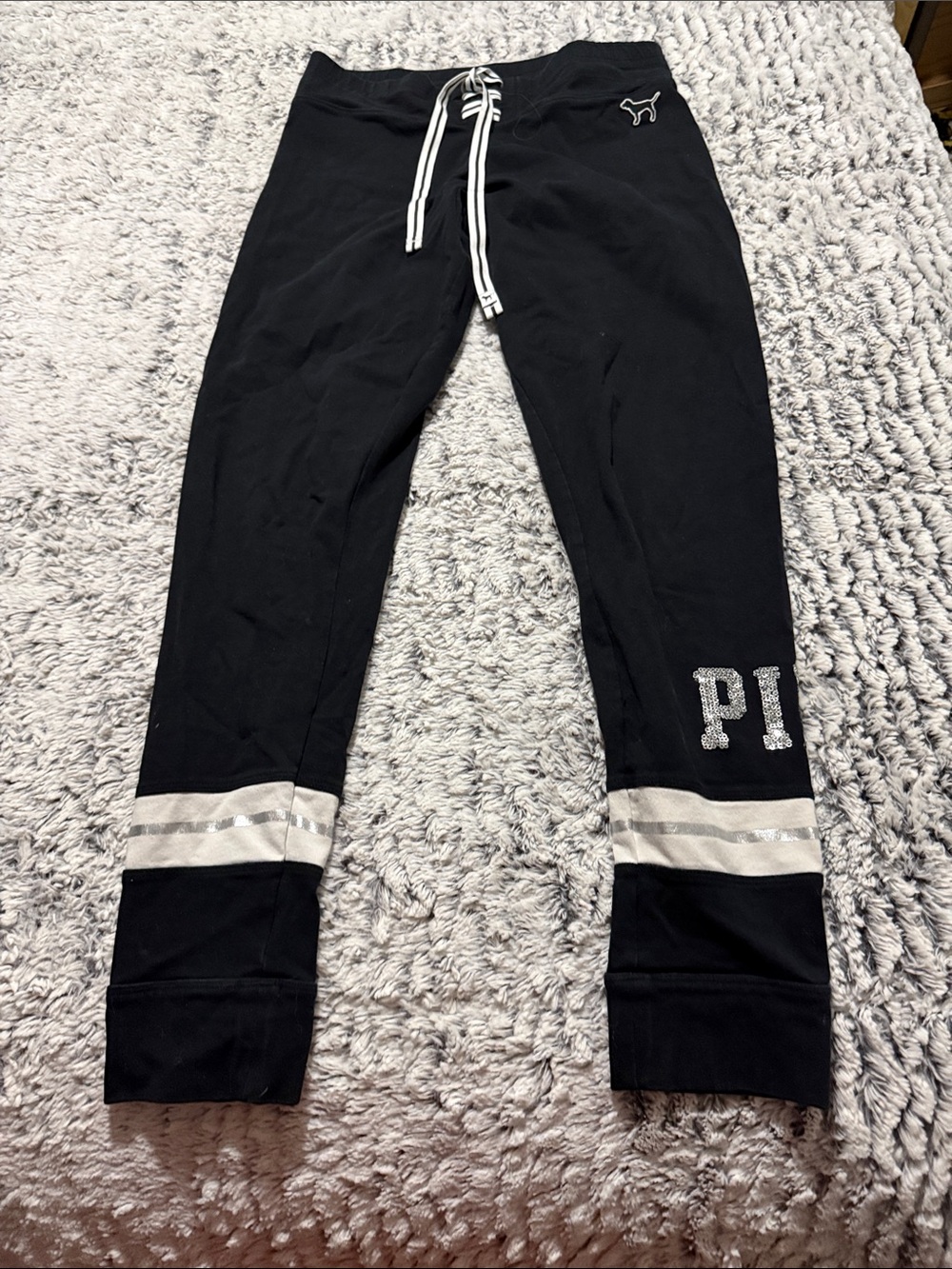 PINK Victoria's Secret Black Joggers with Silver Stripes